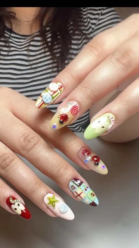 Maximalist almond set with ladybugs, buttons, plaid and candy-cane charms
