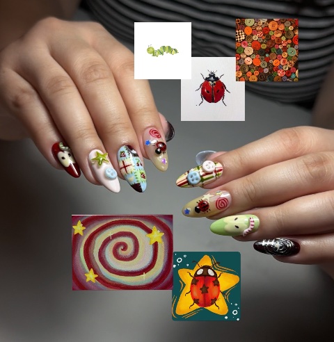 Maximalist almond set with ladybugs, buttons, plaid and candy-cane charms