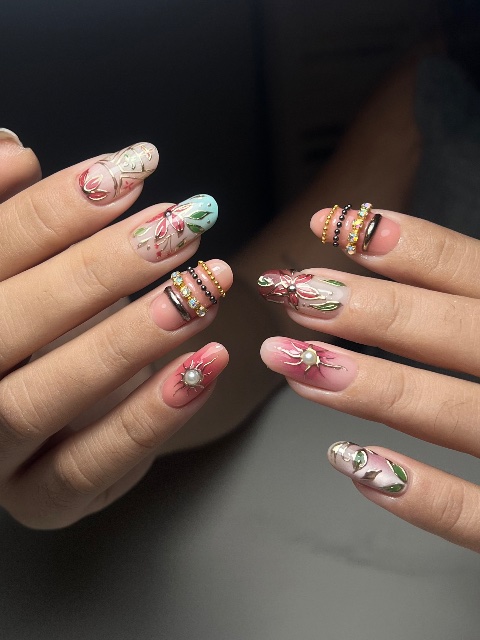 Long oval with a bangle stained glass nails